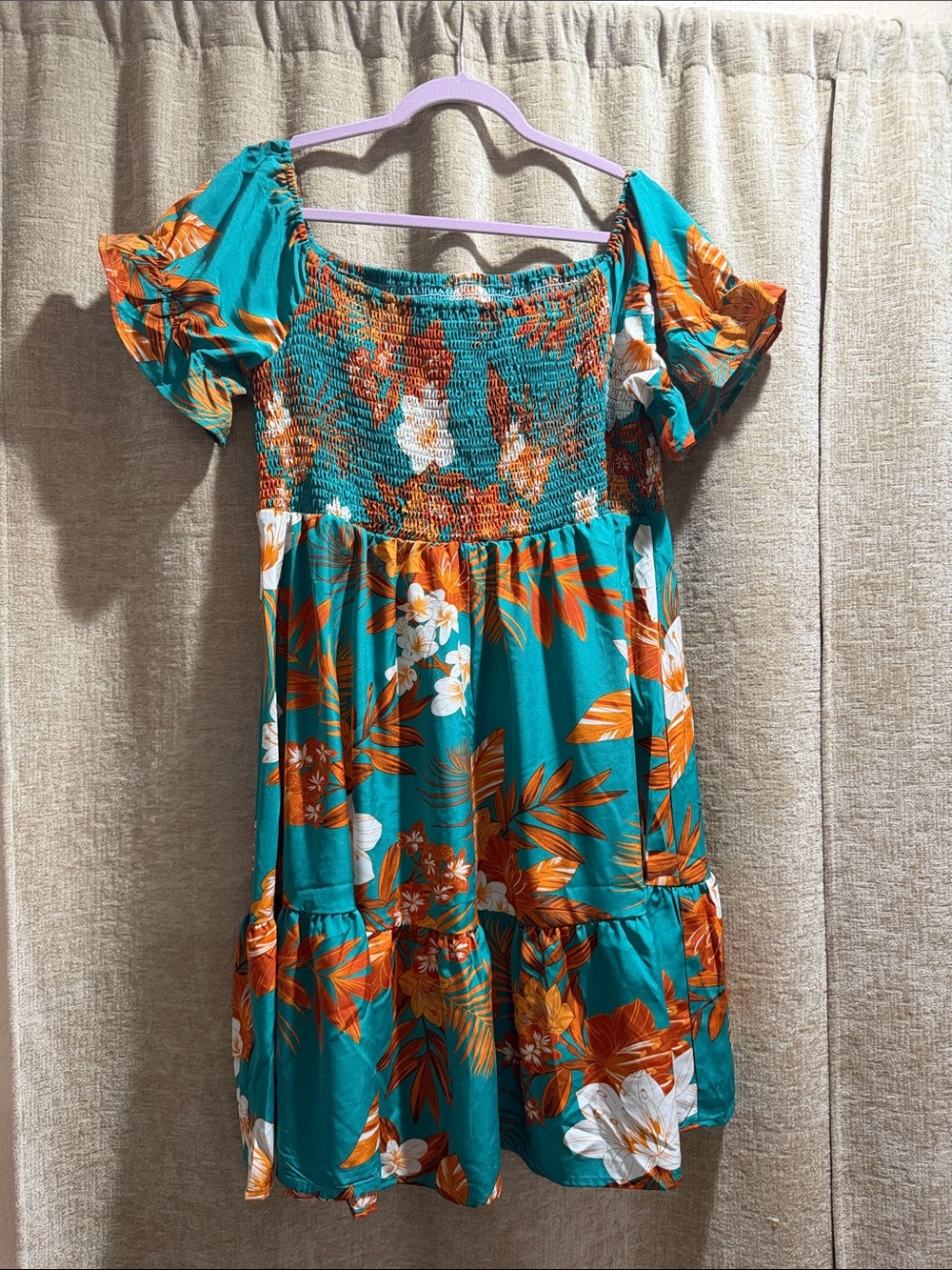 SHEIN Teal & Orange Floral Smocked Midi Dress